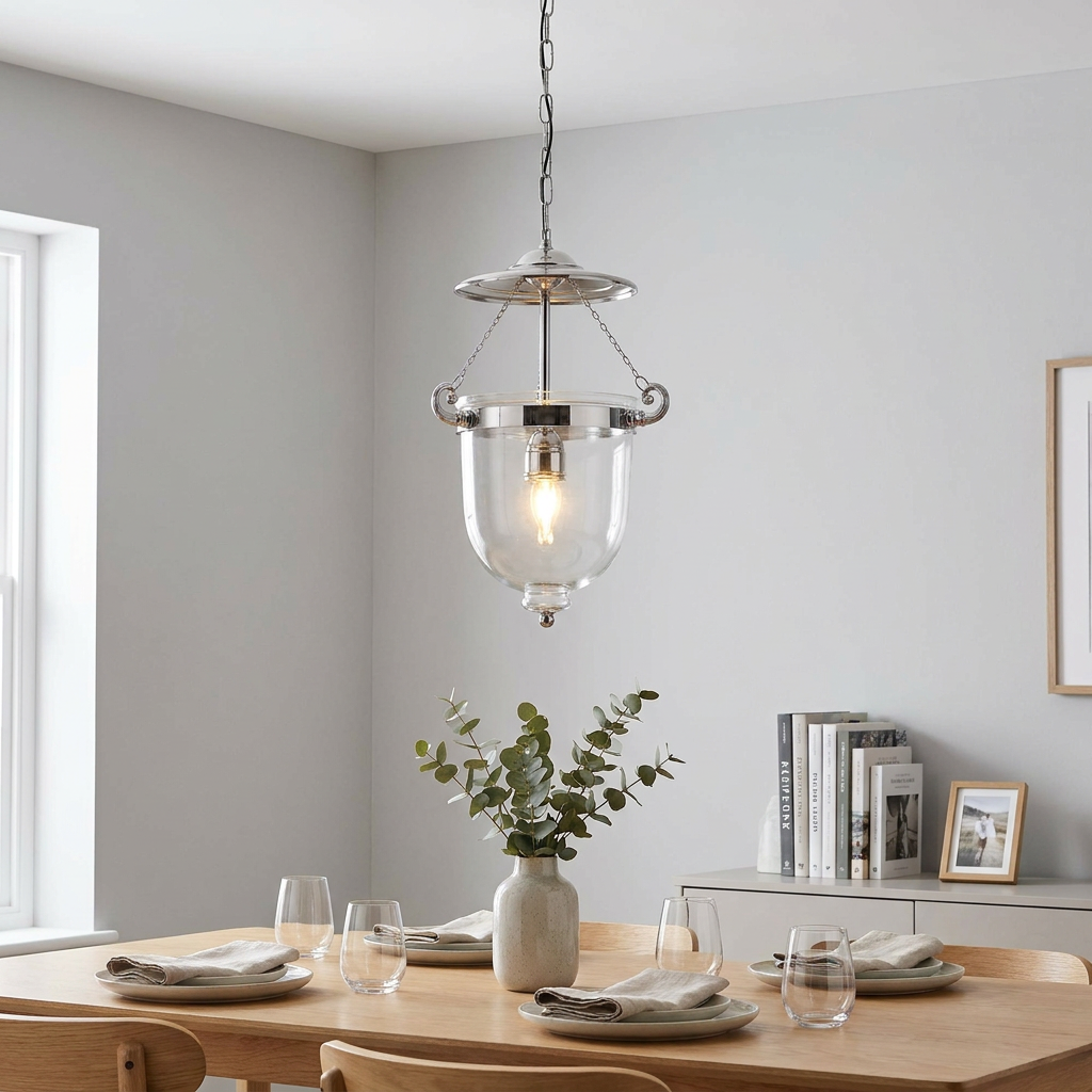 Chrome Georgian ceiling lantern with a clear glass shade hanging over a dining table in a minimalist room.