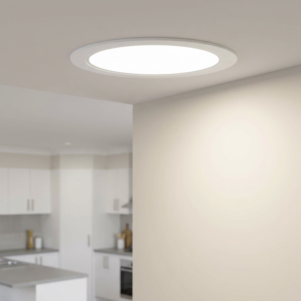 Circo 24W circular recessed ceiling light installed in a modern kitchen, casting a warm glow on a neutral wall.
