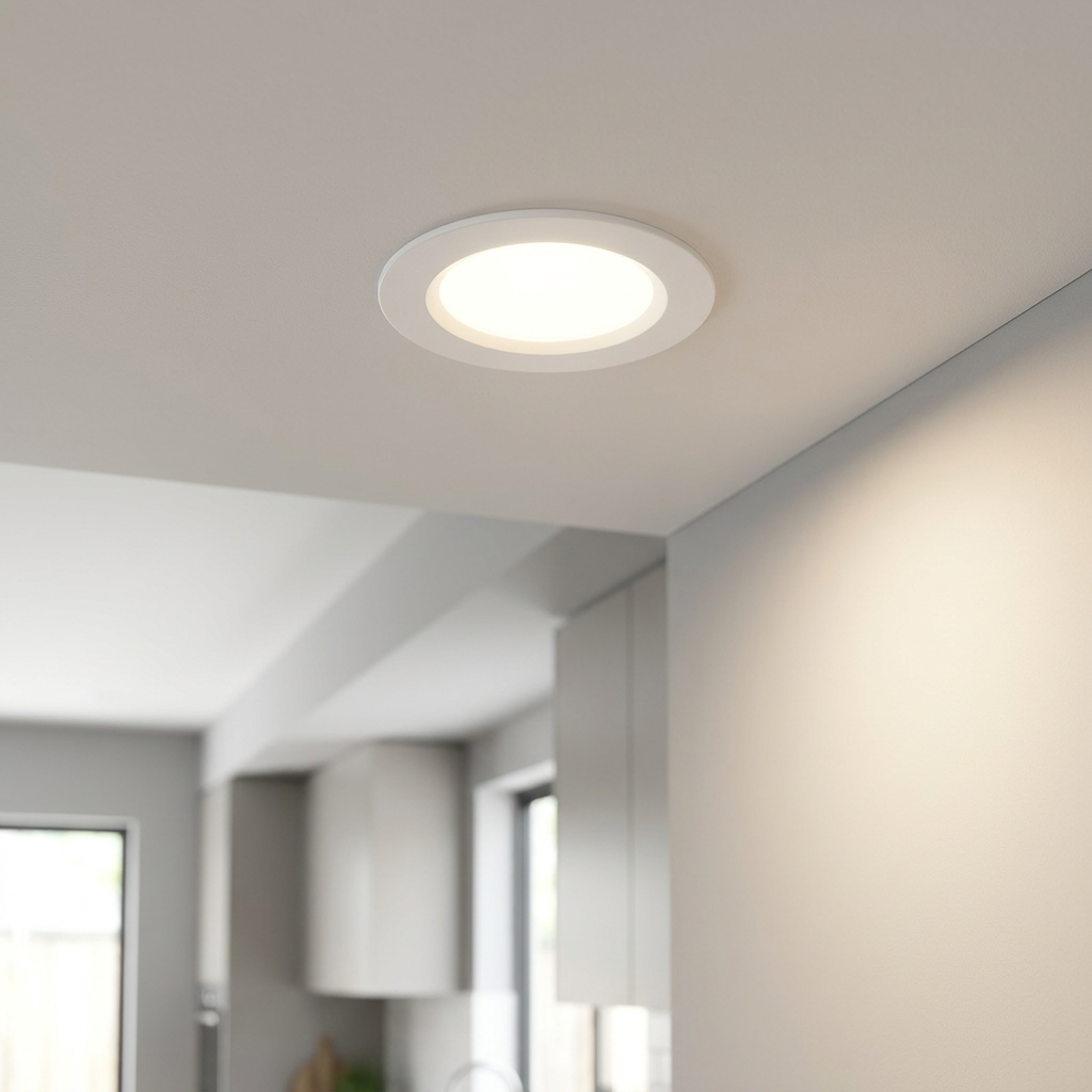 White circular recessed downlight emitting a warm glow on a white ceiling in a modern interior.
