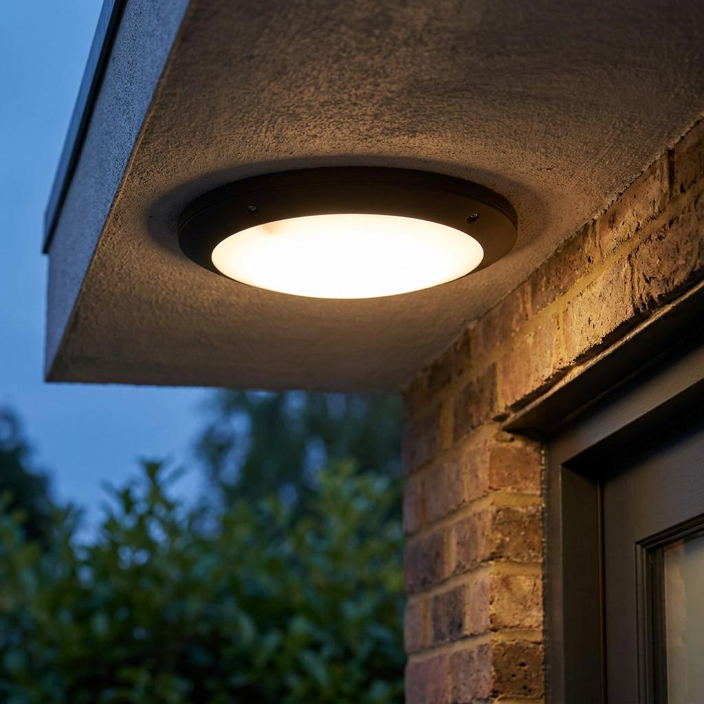 Warmly lit circular flush-mount outdoor ceiling light fixed under an overhang above a brick wall at dusk.