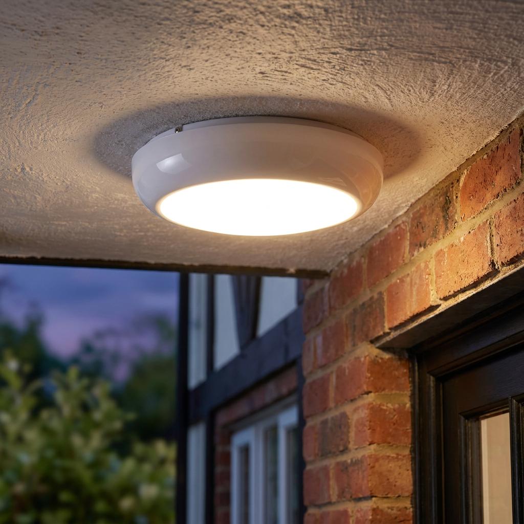 Circular white outdoor flush ceiling light illuminated against a textured ceiling near a brick wall at dusk.