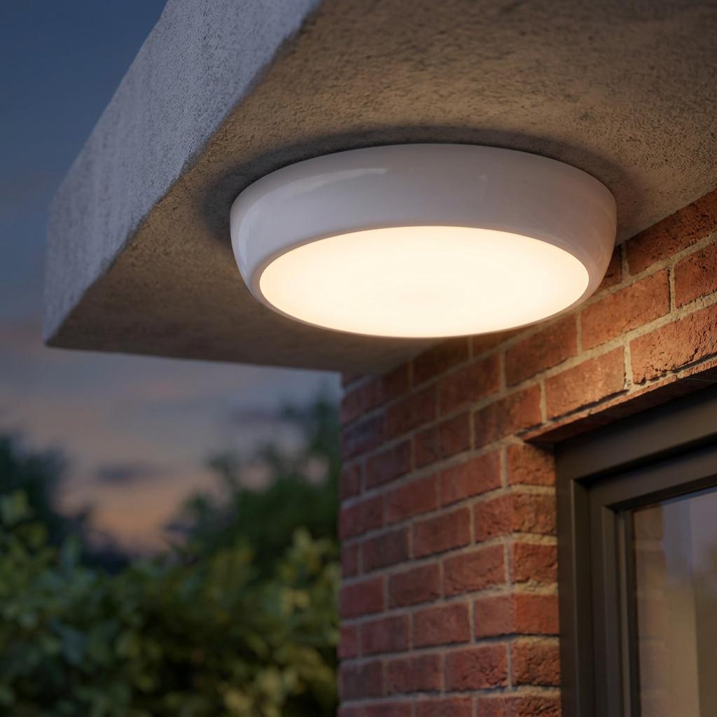 Circular white outdoor ceiling light mounted under a concrete ledge on a brick wall, glowing warm at dusk.