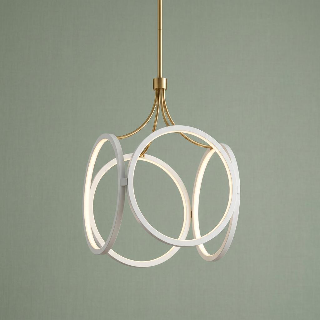 Modern gold pendant light with glowing white LED rings hanging against a sage green textured wall.