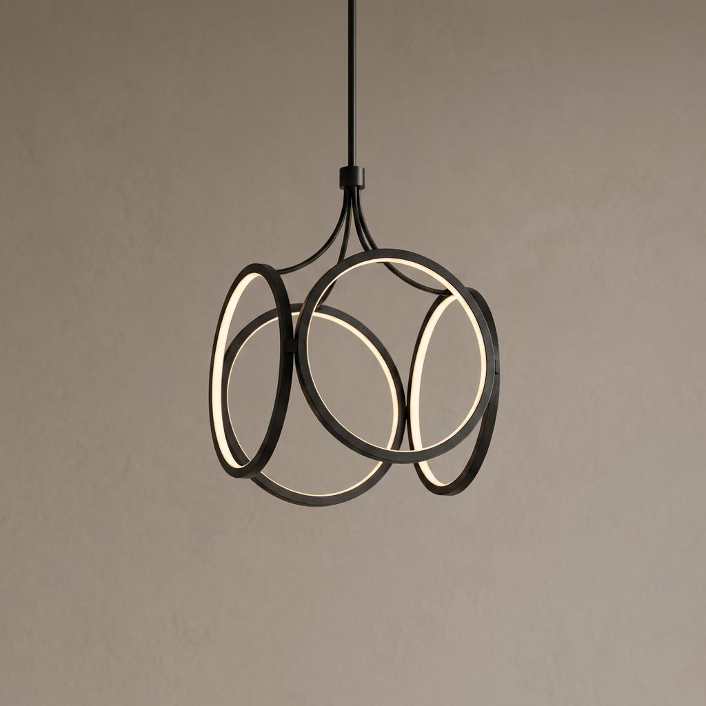 Modern pendant light with interlocking matte black LED rings suspended against a neutral background.