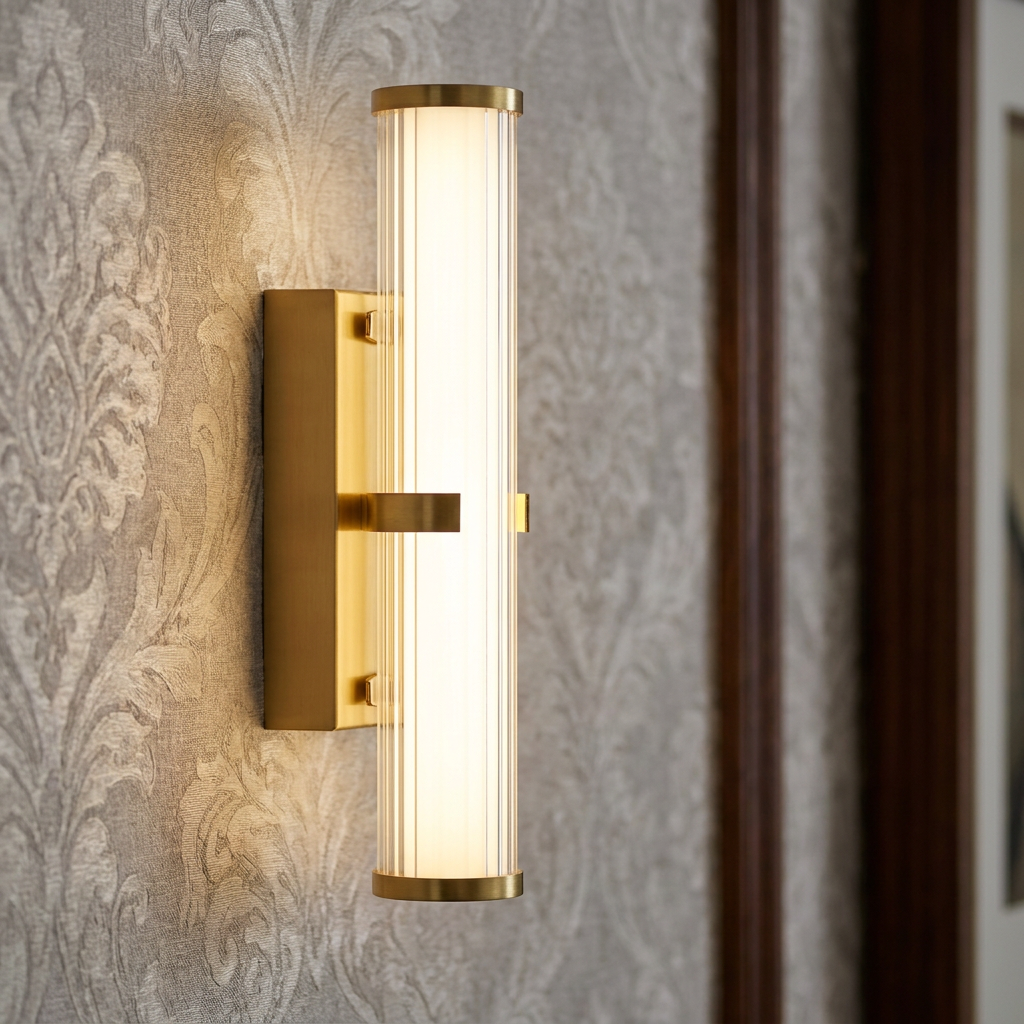 Gold wall sconce with a ribbed glass cylindrical shade emitting a warm light against patterned wallpaper.