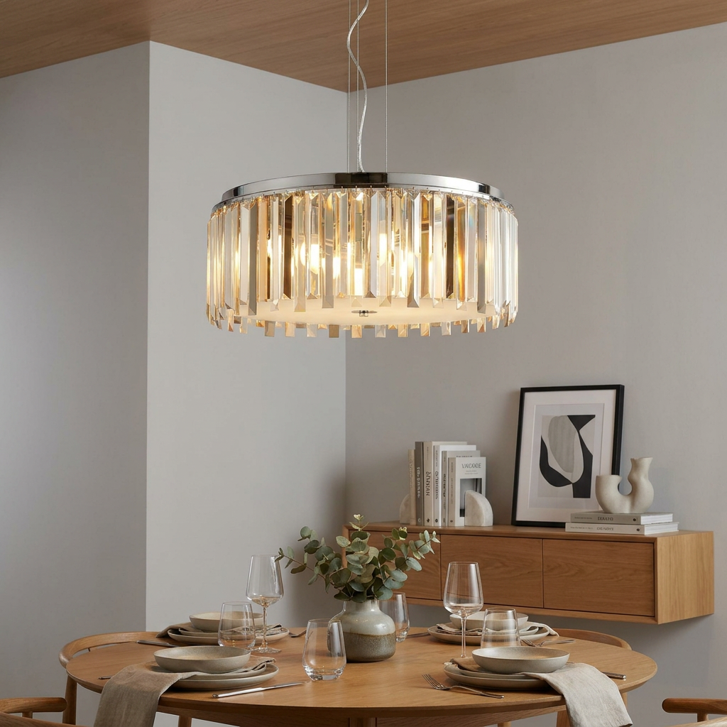 Chrome drum pendant light with crystal prisms hanging above a set wooden dining table in a contemporary home.