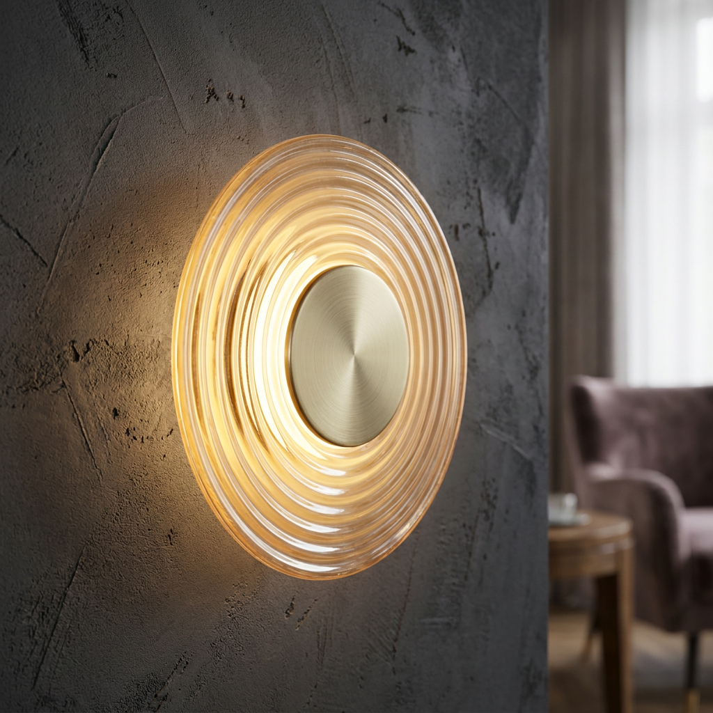 Cleo wall light with amber ribbed glass and antique brass center, glowing against a textured gray wall.
