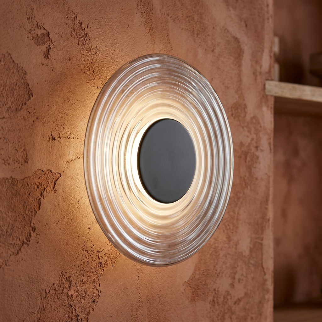 A circular wall light with a black center and ribbed glass shade glows warmly against a textured terracotta wall.