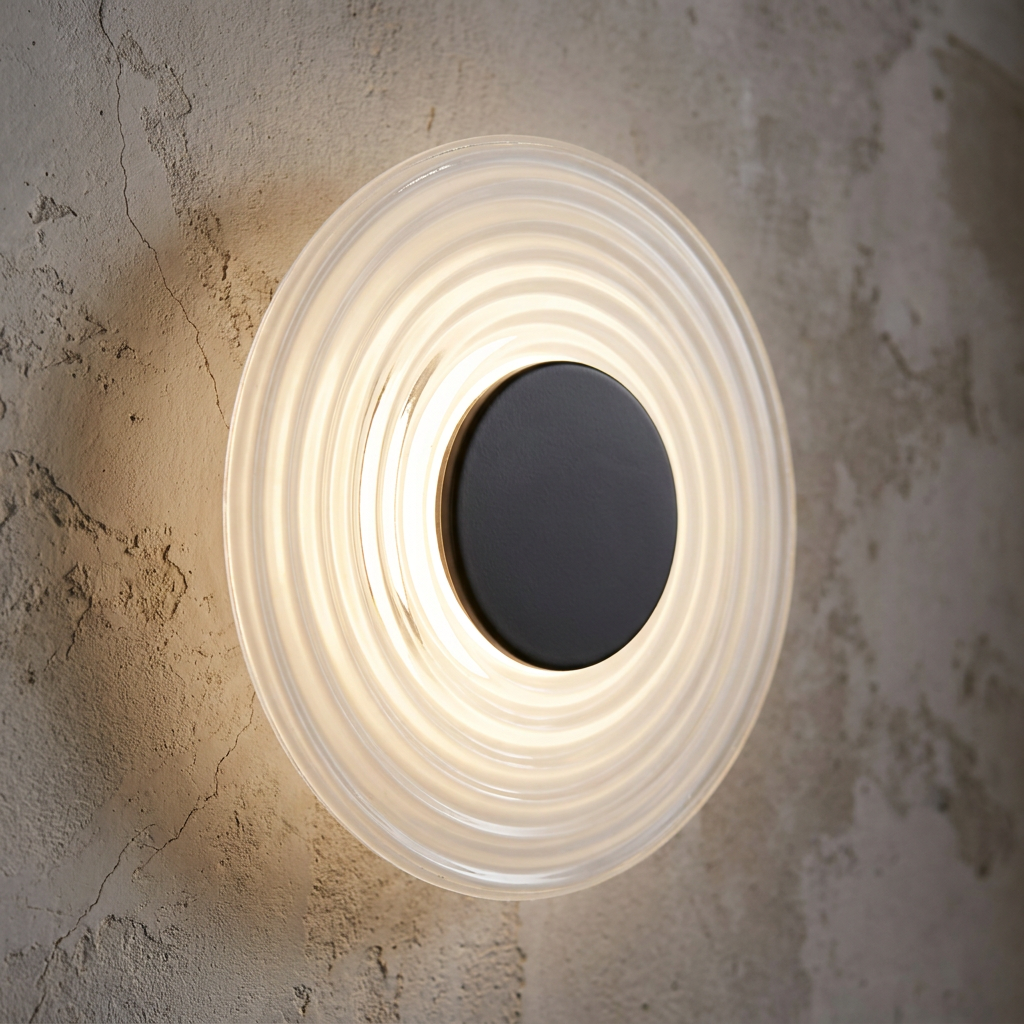 A modern Cleo wall light with a matt black center and concentric clear glass rings glowing on a textured beige wall.