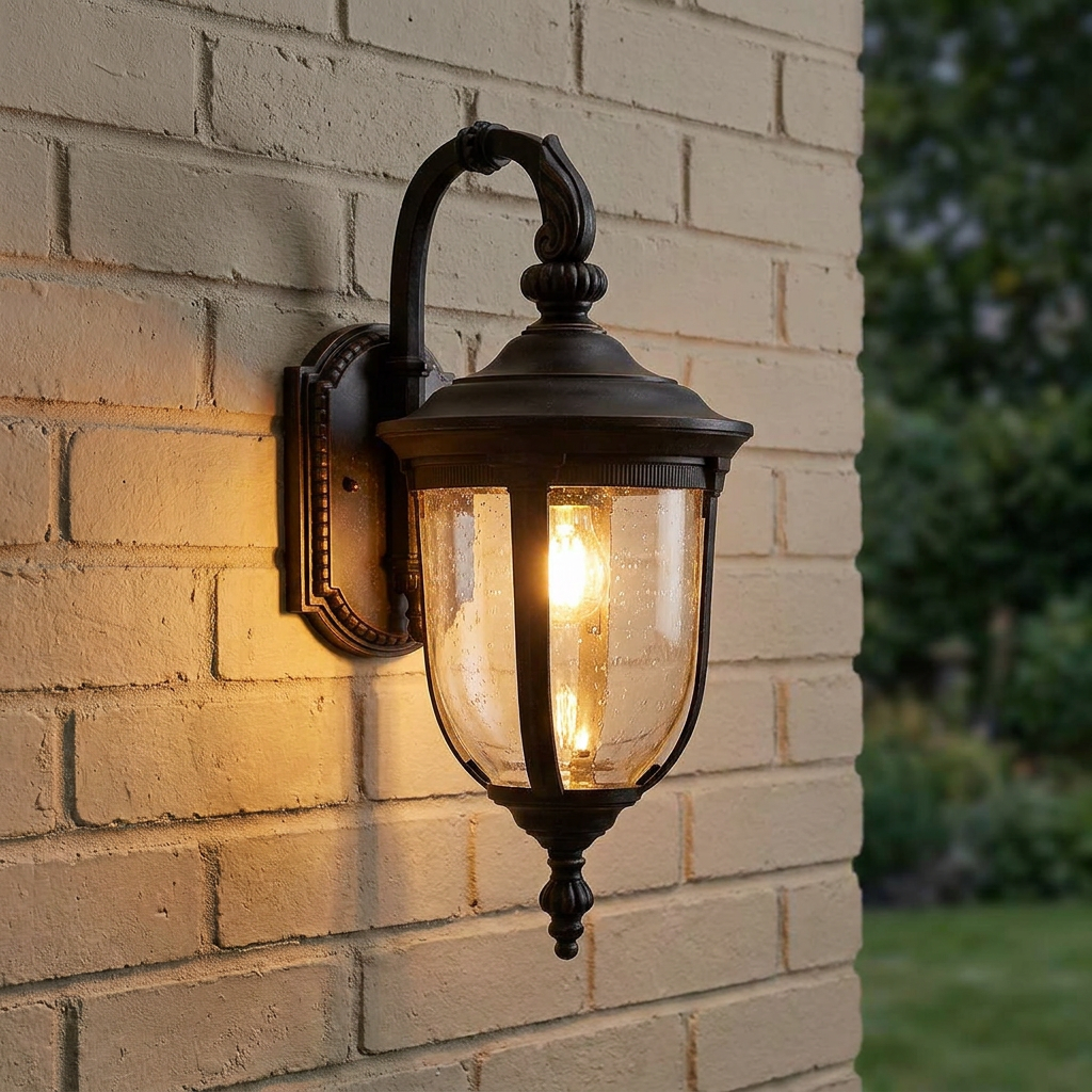 Bronze outdoor wall lantern with seeded glass panels and a warm bulb mounted on a light brick wall.