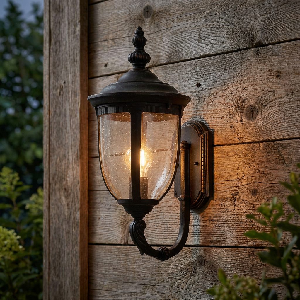 Bronze outdoor wall light with seeded glass and warm bulb mounted on a rustic wooden plank wall.