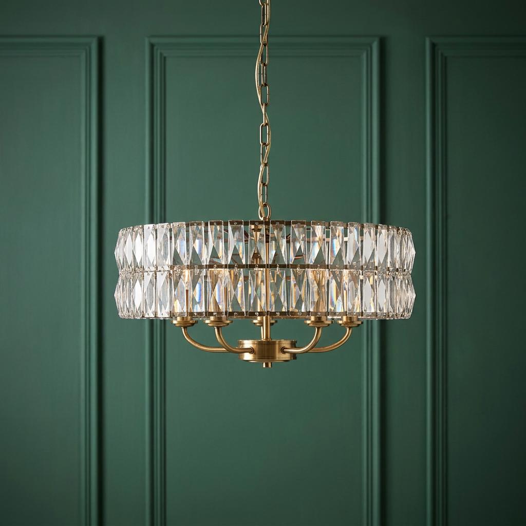 Clifton 5-light brass pendant with two tiers of clear cut glass prisms against a dark green paneled wall.