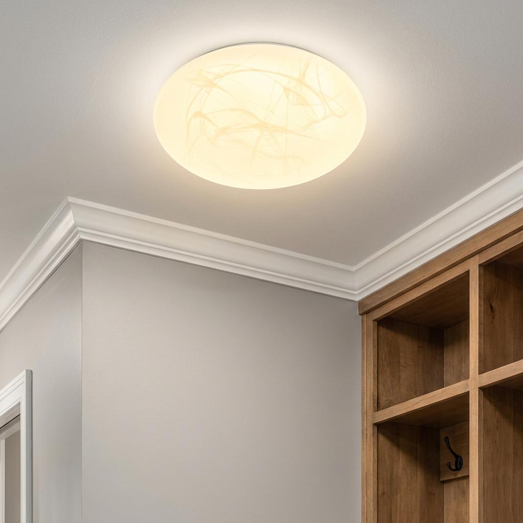 Round white acrylic flush ceiling light with a cloud-like pattern glowing warmly in a room.