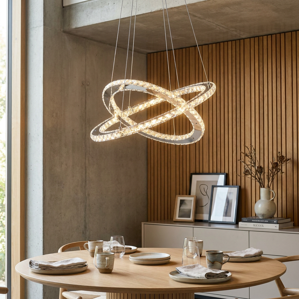 Interlocking Clover 2 Rings LED crystal and chrome pendant light hanging above a set wooden dining table.