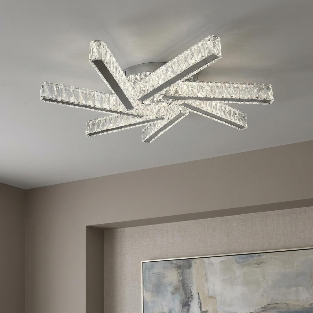 Clover 7-light LED crystal and chrome flush ceiling light with seven radiating rectangular crystal-covered arms.