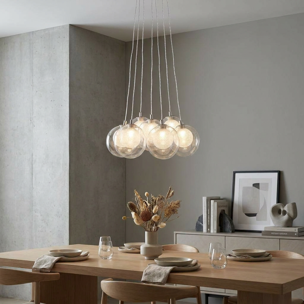 Cluster of seven glass and crystal LED ball pendant lights suspended over a contemporary wooden dining table.