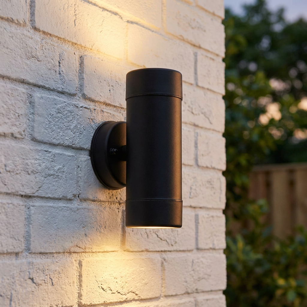 Cylindrical black up and down outdoor wall light mounted on white brick, casting a warm light.