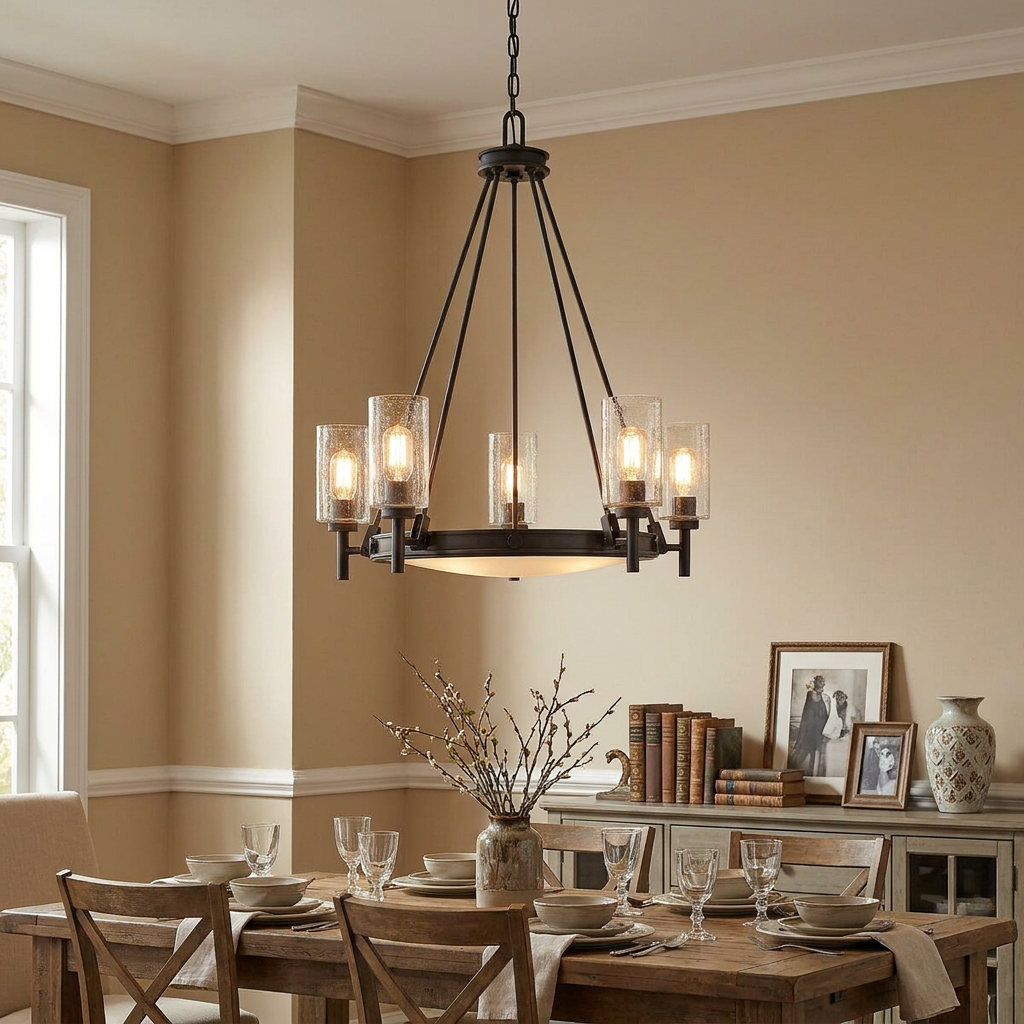 Modern black 5-light chandelier with seeded glass shades over a rustic dining table in a warm, neutral room.