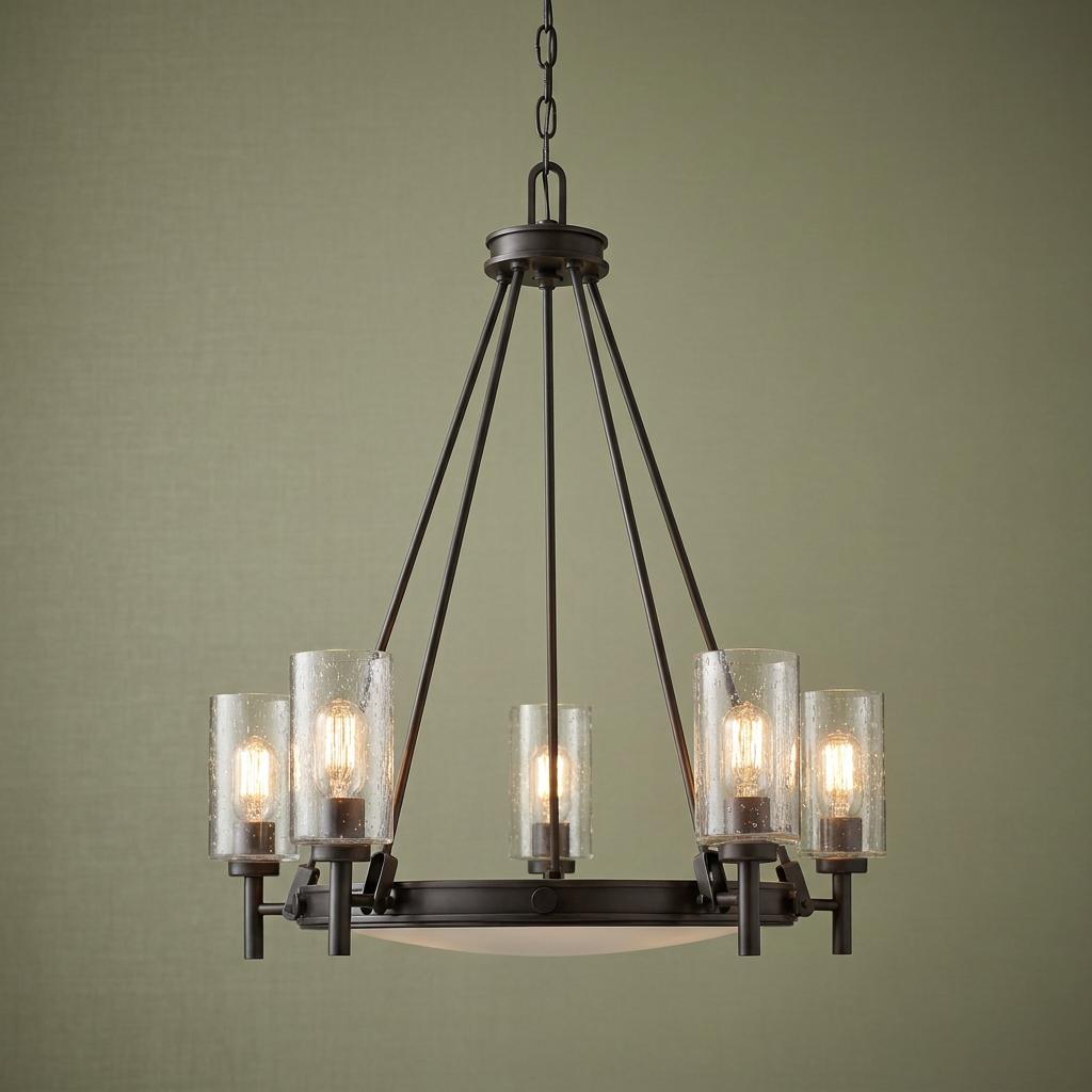 Five-light black chandelier with seeded glass shades and lit Edison bulbs against a green textured wall.