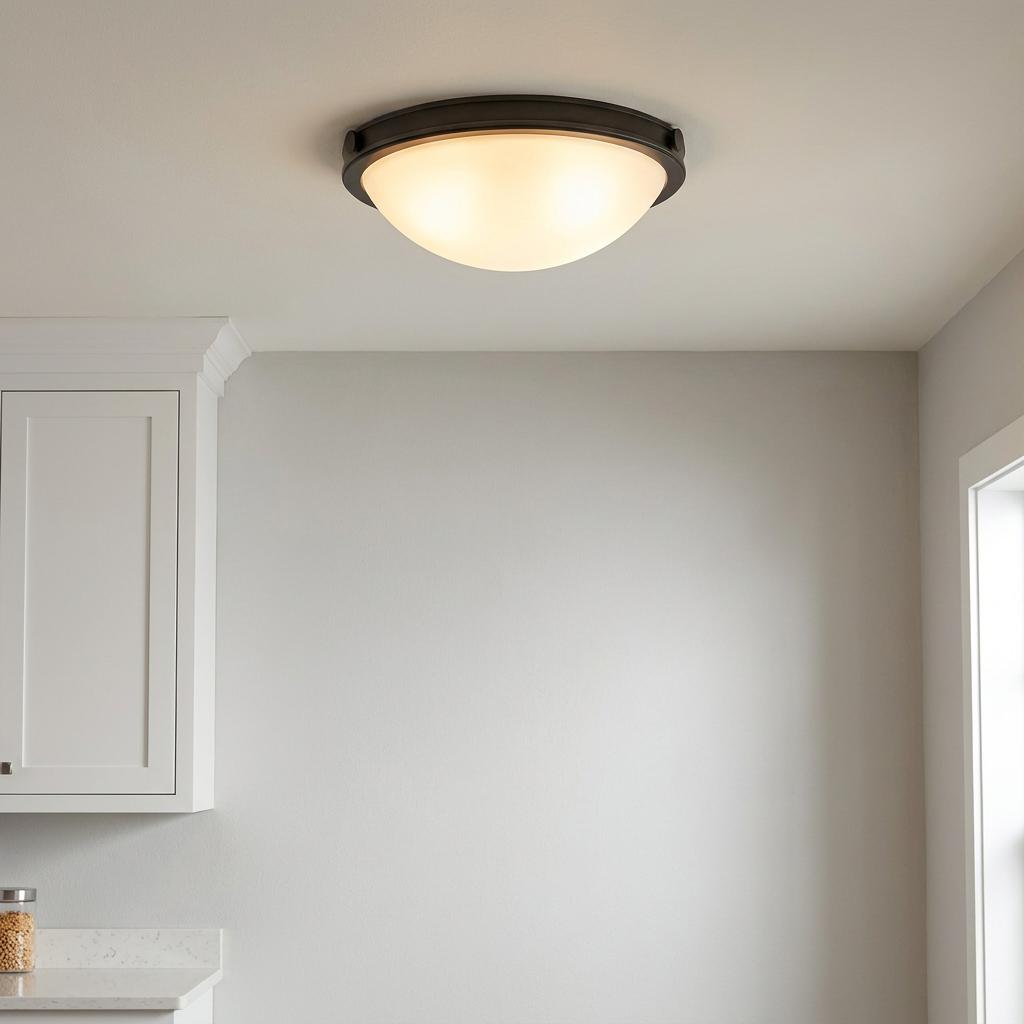 Collier black small flush ceiling light with an opal glass dome shade in a neutral kitchen setting.