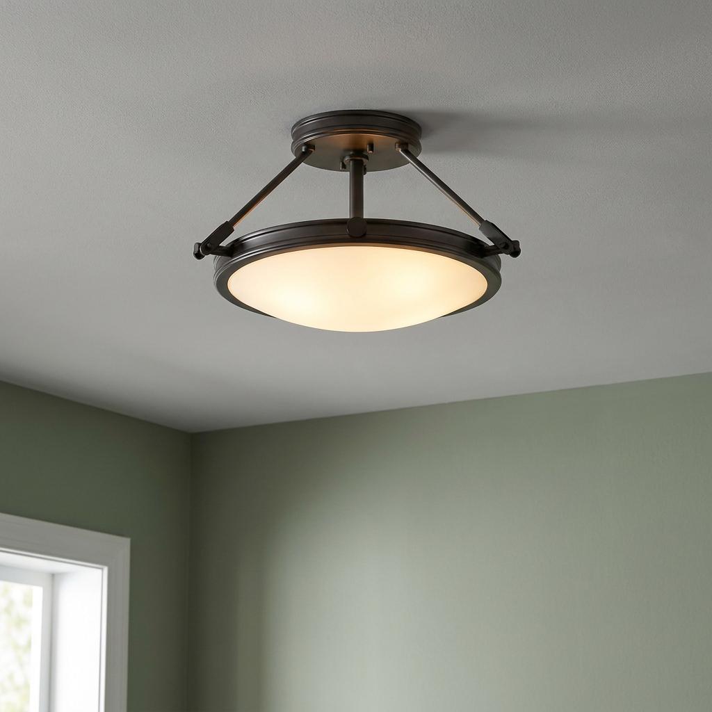 Collier small semi-flush ceiling light in a dark finish with an opal glass shade, illuminated in a sage green room.