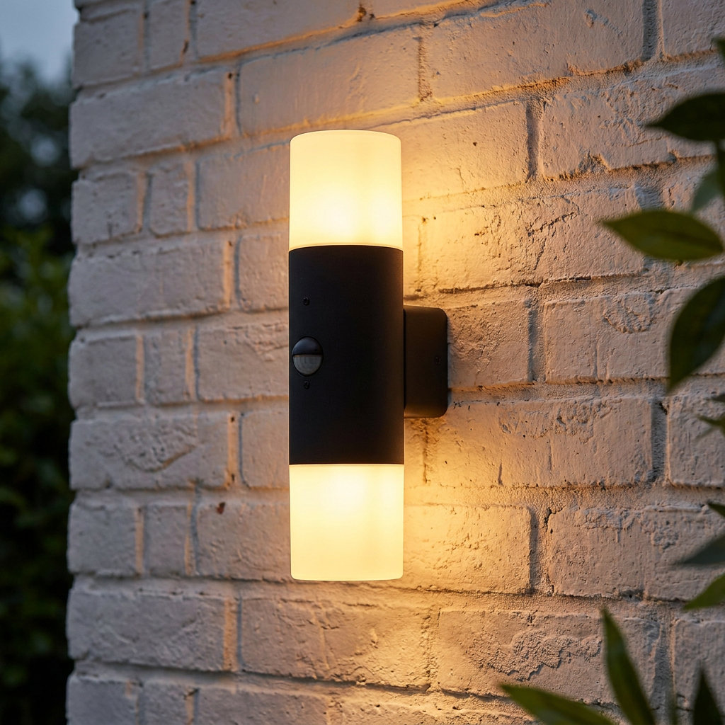 Black cylindrical LED up/down wall light with PIR sensor, emitting a warm glow on a light brick wall.
