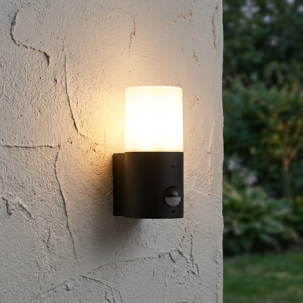 A black cylindrical LED wall light with a frosted glass shade and PIR sensor illuminates a textured outdoor wall.