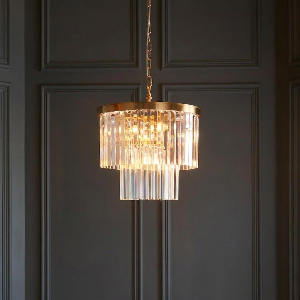 Elegant two-tier brass chandelier with clear glass rods illuminated against a dark grey paneled wall.