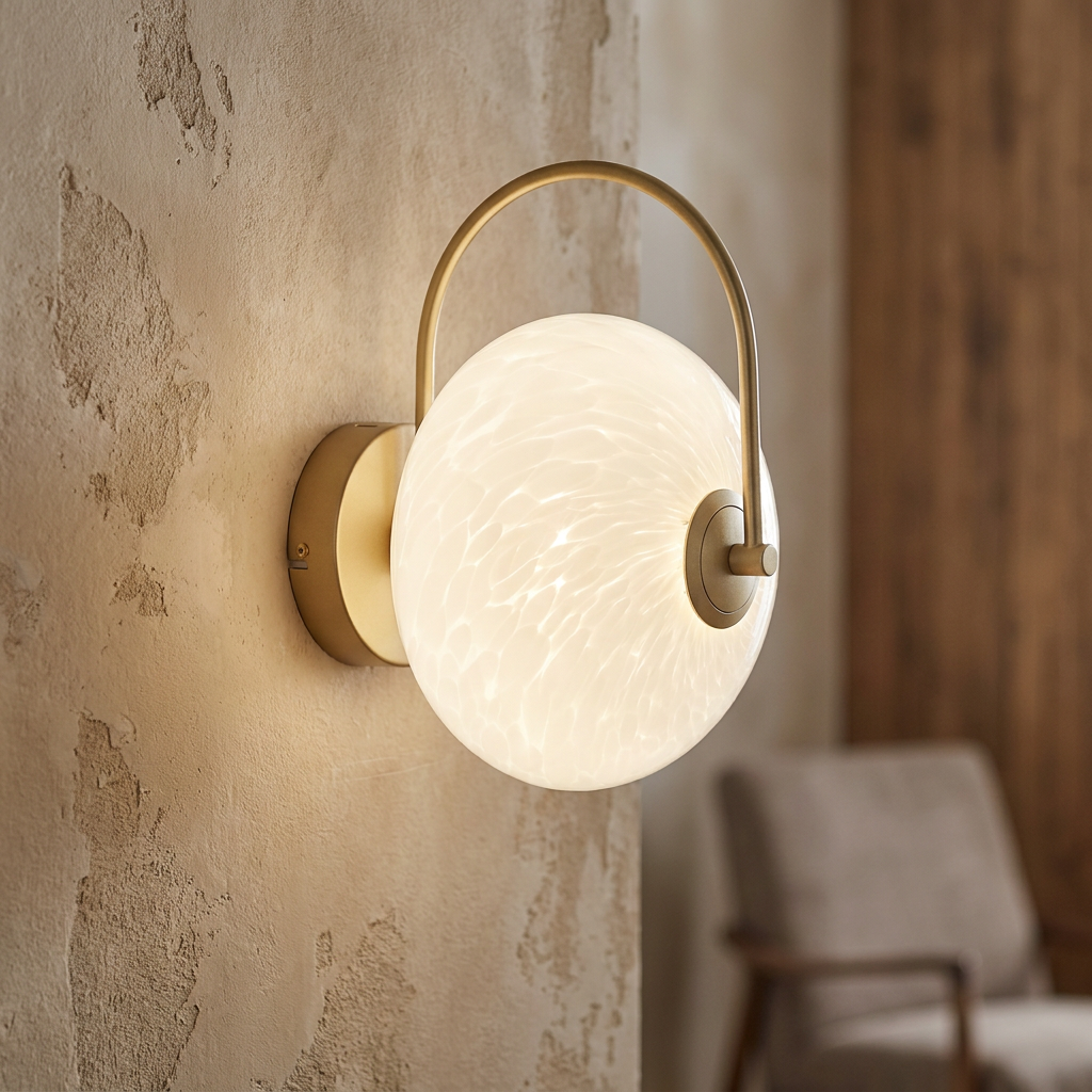 Modern gold wall sconce featuring a speckled white glass globe illuminated against a rustic plaster wall.