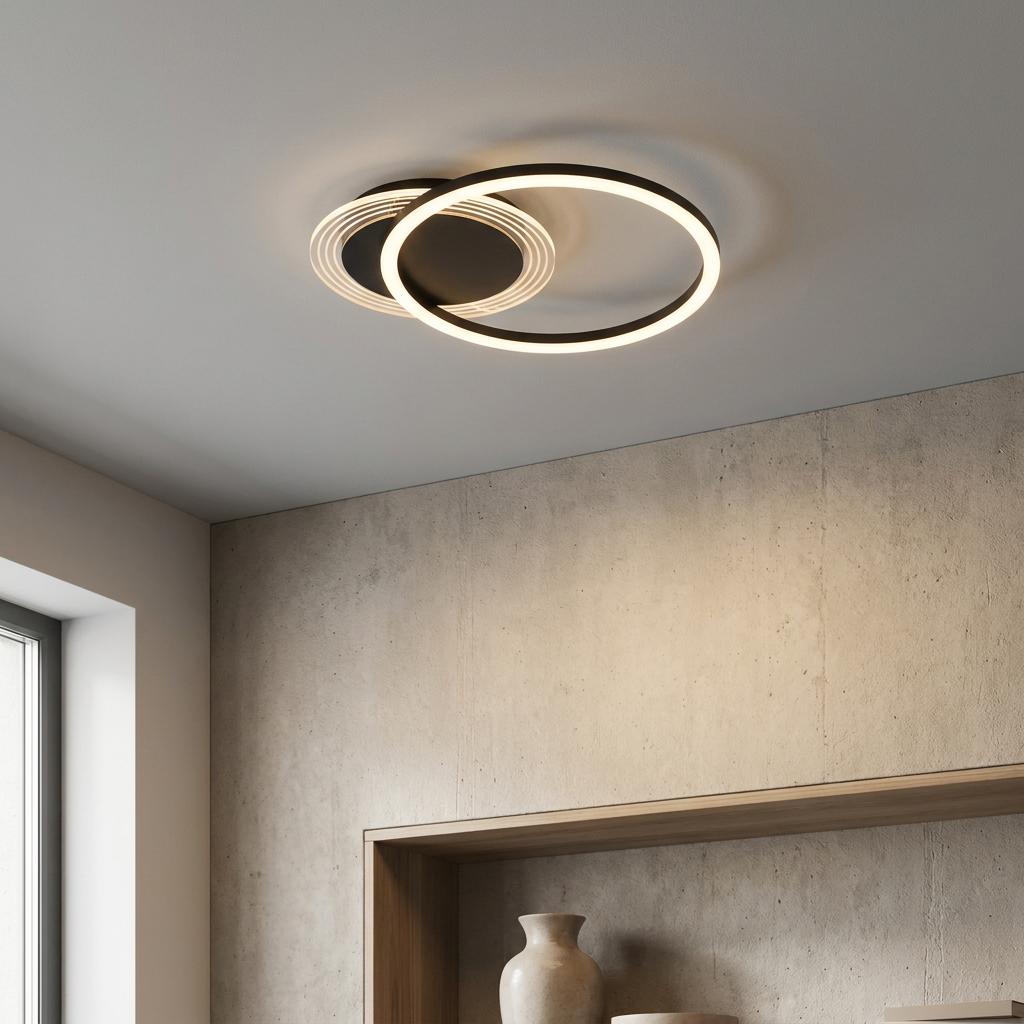 Modern matt black flush ceiling light with overlapping illuminated rings mounted on a white ceiling.