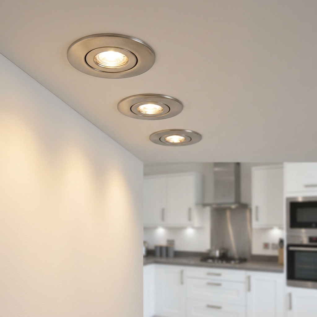 Three brushed nickel recessed lights in a white ceiling casting warm light in a modern kitchen.