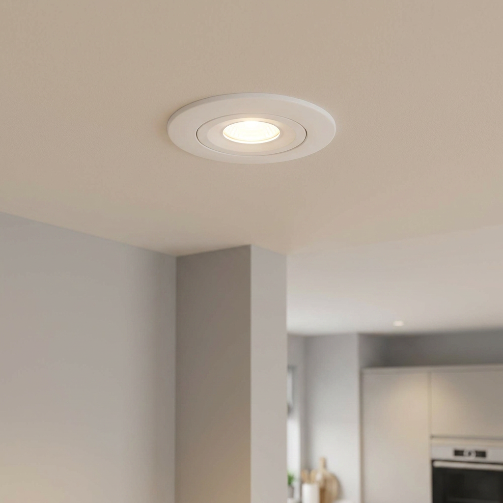 Illuminated white recessed downlight on a neutral ceiling in a modern kitchen setting.