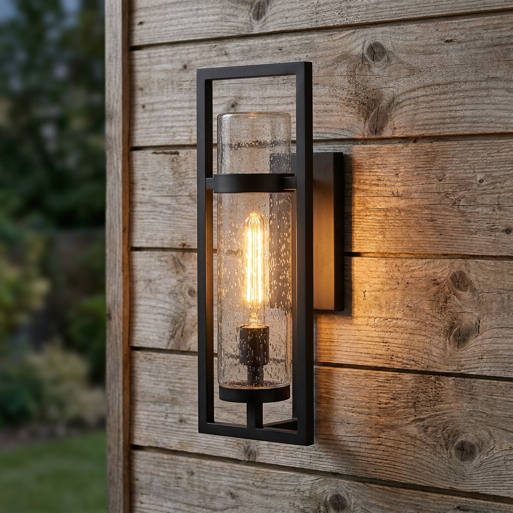 Modern black rectangular outdoor wall light with a seeded glass shade and warm Edison bulb on a wooden wall.