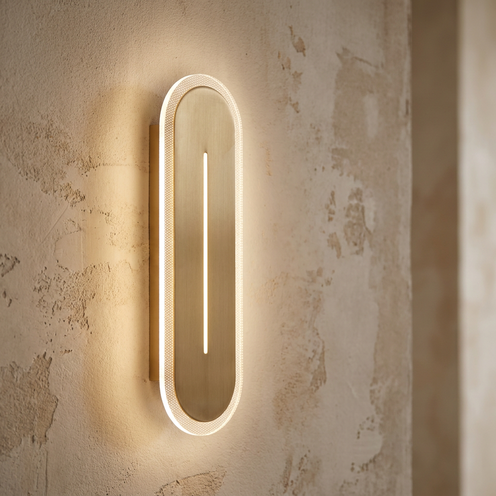 Oval satin brass LED wall light with a glowing border and central slit mounted on a textured plaster wall.