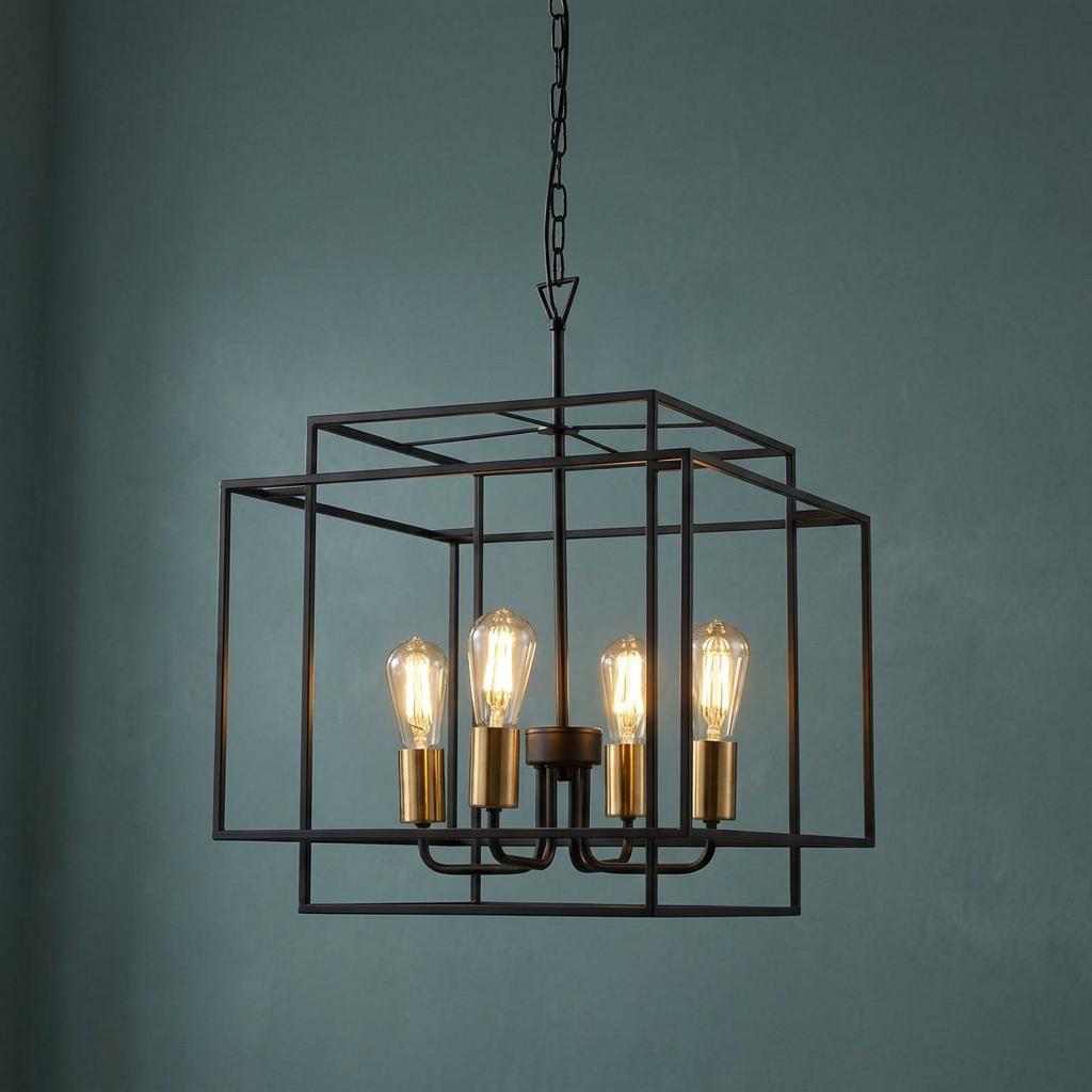Crate 4 Light Black Frame Pendant - Bronze Lampholder-OPEN-BOX-50-200826