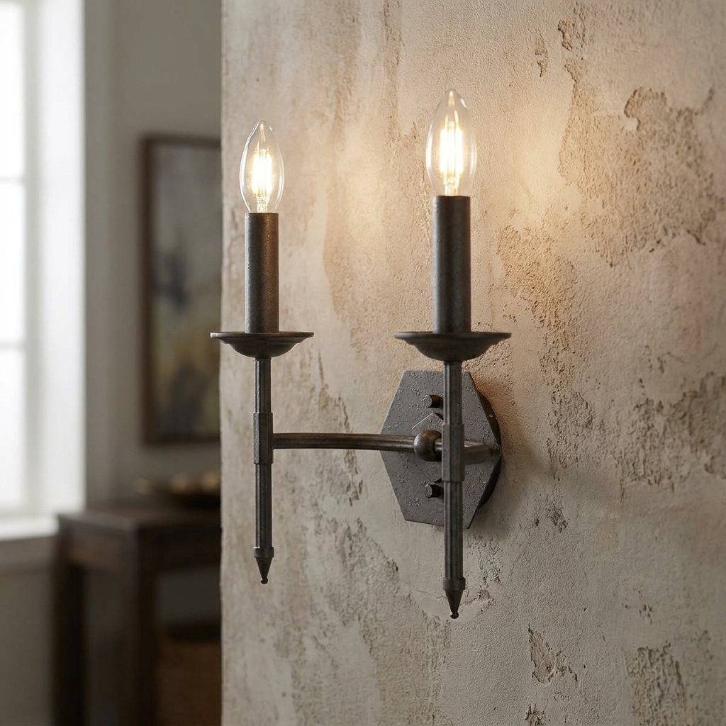 A two-light rustic iron wall sconce with candle-style bulbs mounted on a textured beige plaster wall.