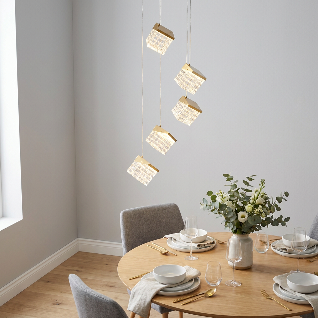 A five-light satin brass multi-drop pendant with glowing crystal-effect cubes hangs over a set dining table.