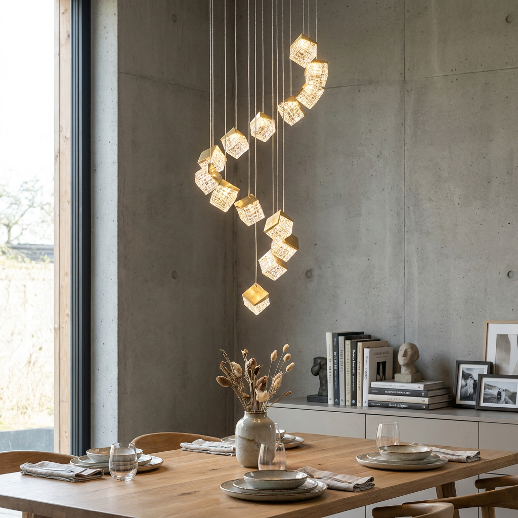 A multi-drop cuboid satin brass pendant light hangs above a wooden dining table against a concrete wall.