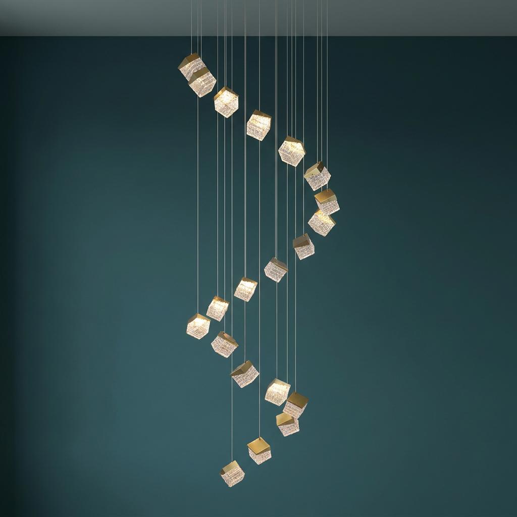 Spiral multi-drop pendant light featuring satin brass and seeded glass cubes against a dark teal wall.