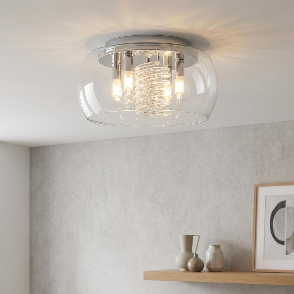 Modern flush bathroom ceiling light with four bulbs inside a clear glass bowl shade and central glass spiral.