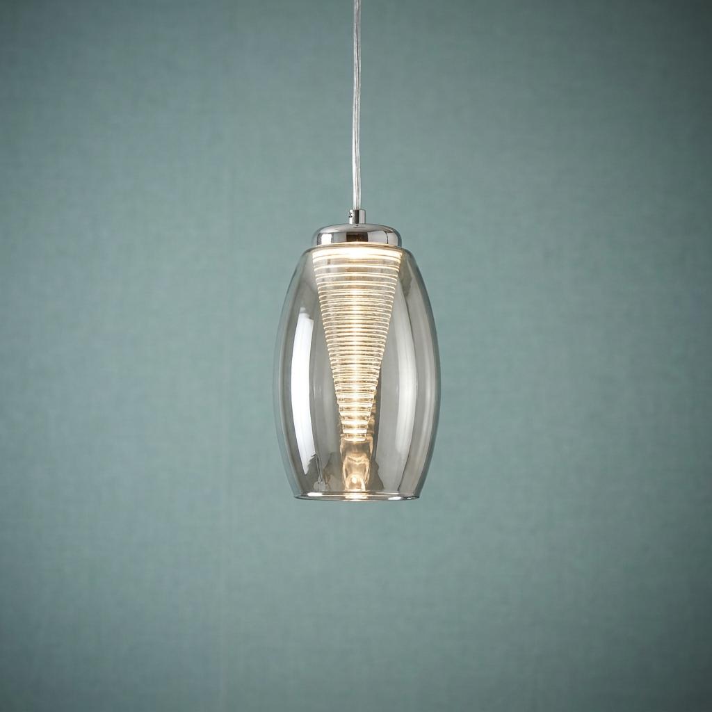 Cyclone 1 light ceiling pendant with a smoked glass shade and a glowing ribbed internal cone against a teal wall.