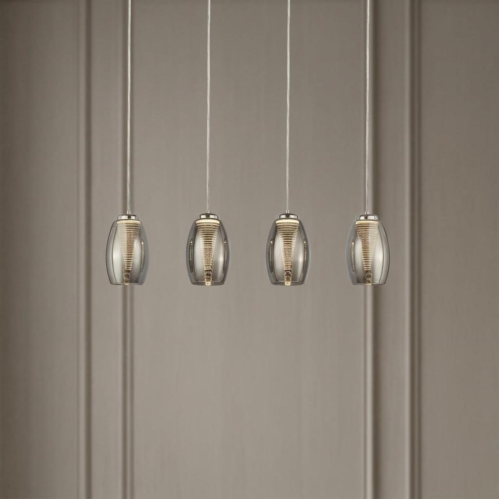 Four modern pendant lights with smoked glass shades and spiral LED elements hanging against a grey paneled wall.