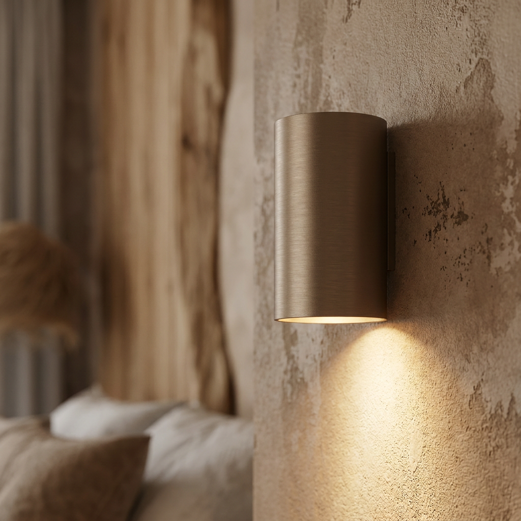 Cylindrical latte wall light casting a warm downward glow on a rustic plaster wall in a cozy bedroom.
