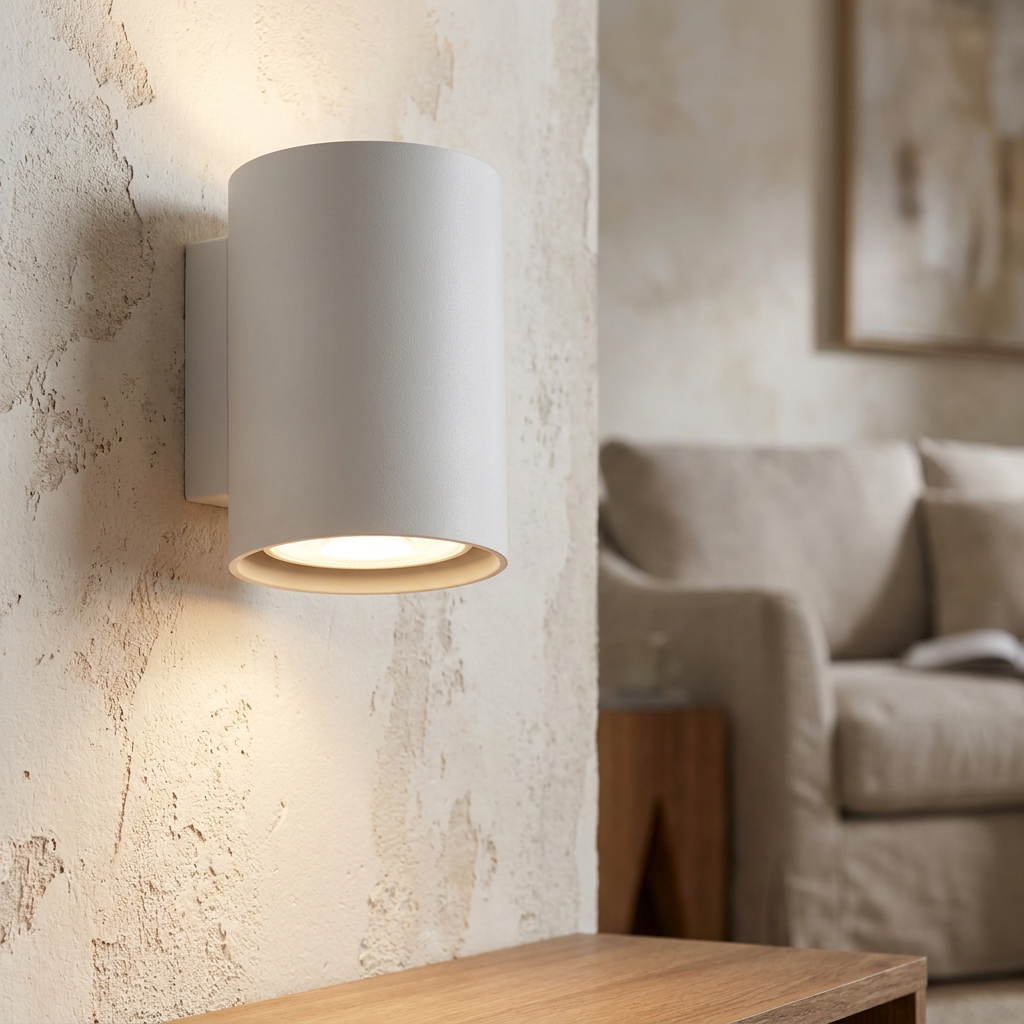 Sand white cylinder wall light glowing on a textured beige wall in a living room.