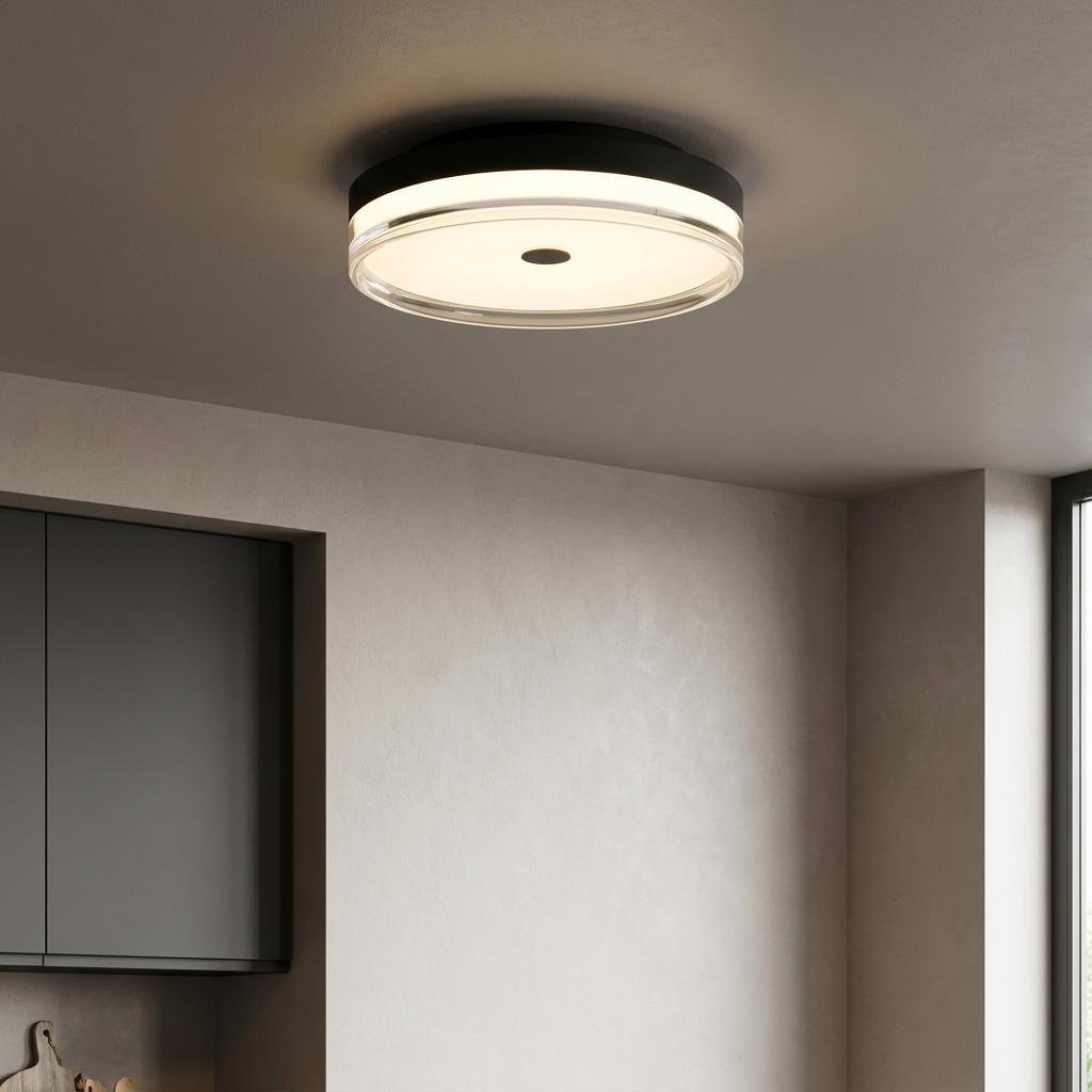 Modern black metal and clear acrylic LED flush mount ceiling light glowing in a minimalist room.