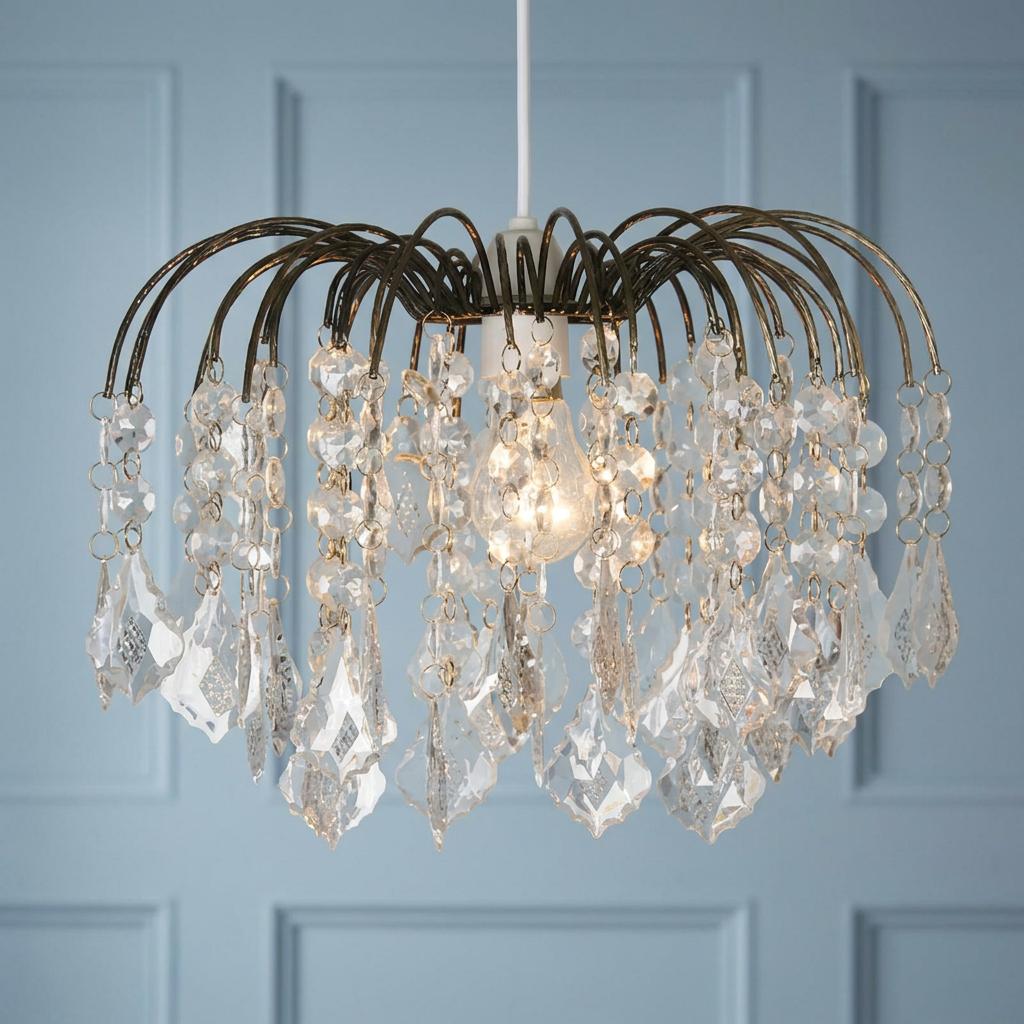Antique brass pendant shade with cascading clear crystal droplets against a light blue paneled wall.