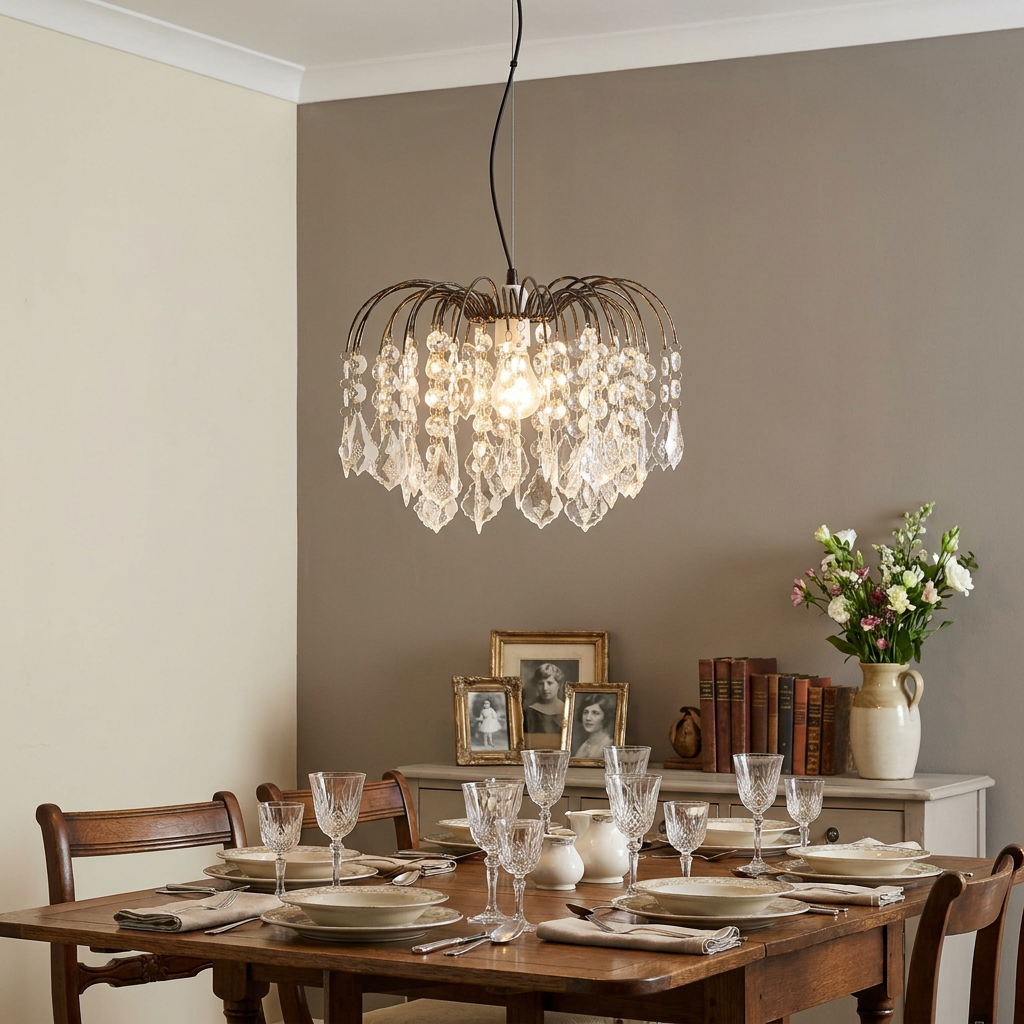 Antique brass pendant lamp shade with cascading crystal droplets hanging above a set wooden dining table.