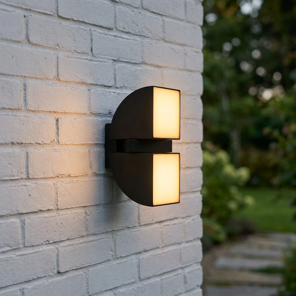 Modern black Dakota LED wall light with two glowing semi-circular segments mounted on a white brick wall outdoors.