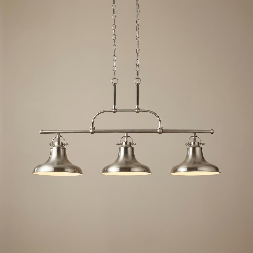 Dallas industrial satin silver kitchen bar ceiling light with three bell-shaped shades hanging from chains.