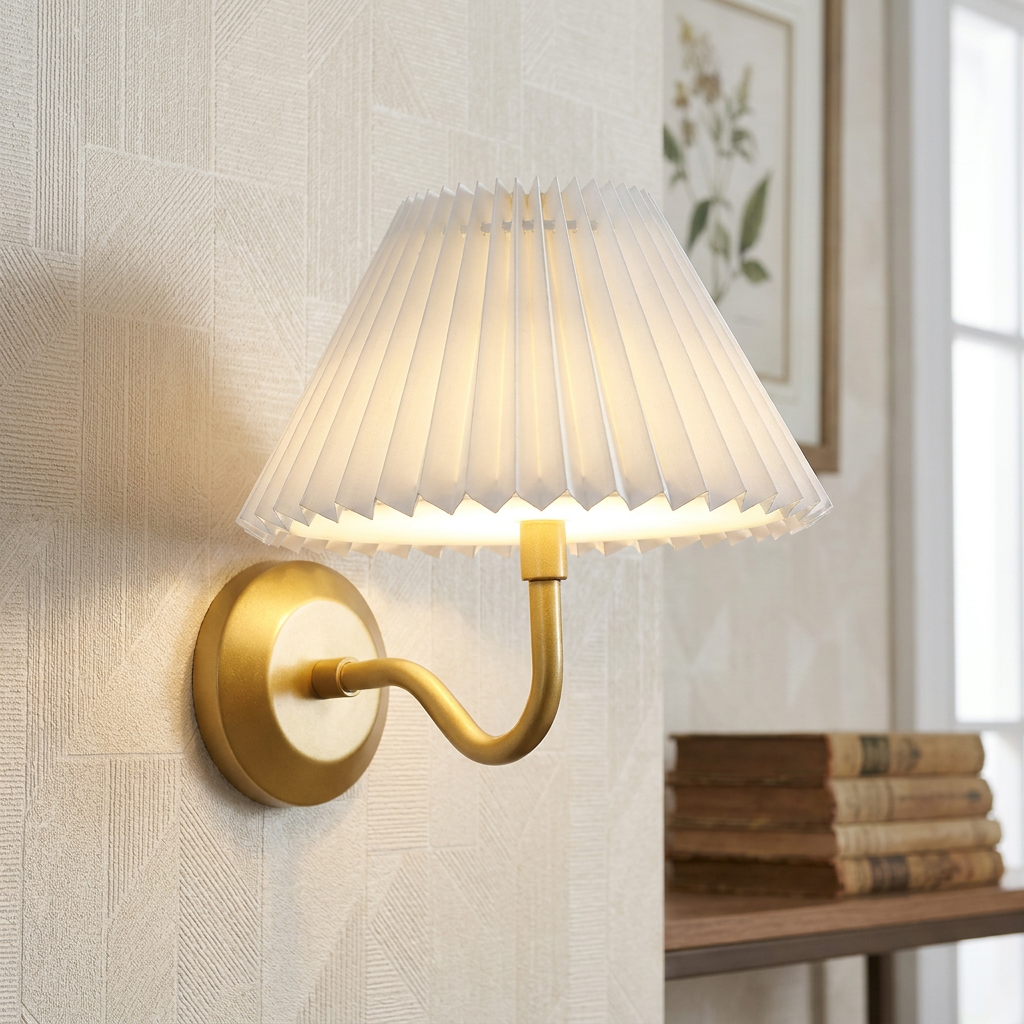 A gold metal wall light with a white pleated shade glows warmly against a textured beige wallpaper in a cozy room.